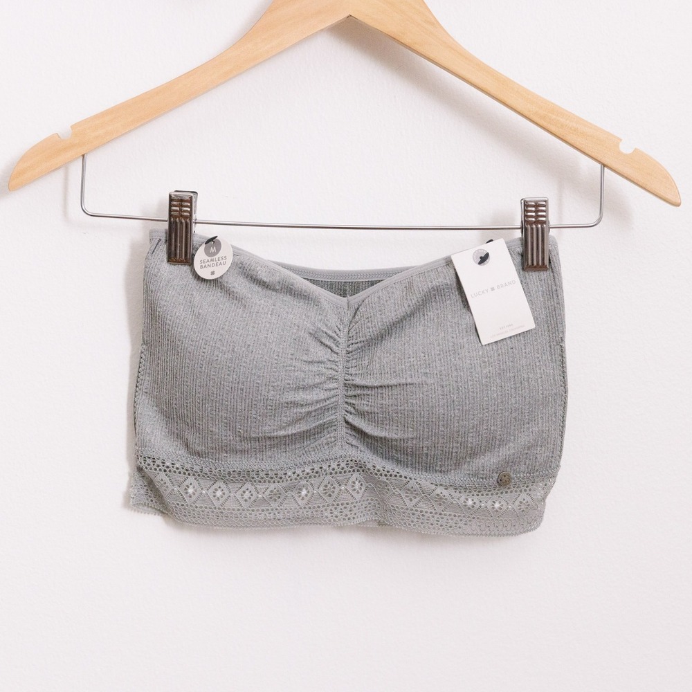 Lucky Brand Womens Seamless Bandeau Bra Gray Ribbed Lace Trim Bralette Medium